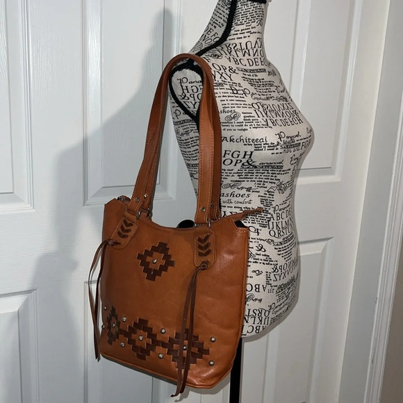 American West Womens Tribal Weave Golden Tan Leather Handbag - Picture 9 of 10